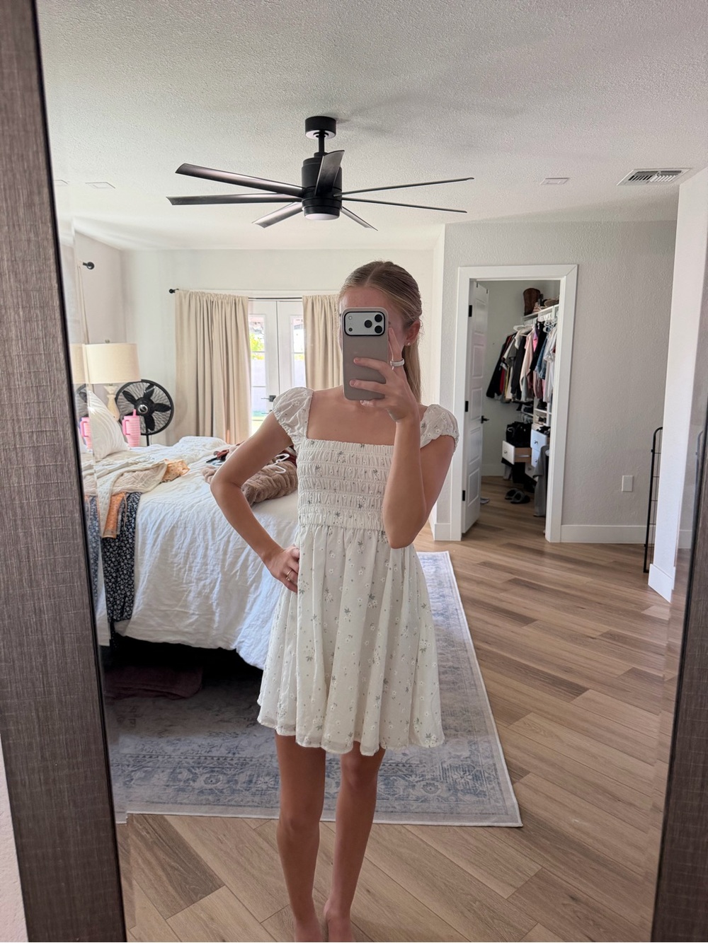 Altar'd State White & blue floral Eyelet Smocked Mini Dress